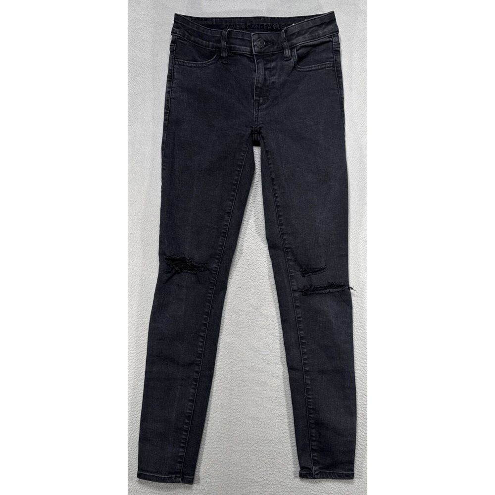 American Eagle Jegging Jeans Womens Size 0 Reg Black Stretch Ripped Gothic Denim